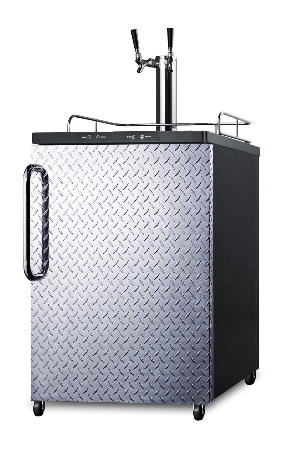 Freestanding residential dual tap beer dispenser, auto defrost w/digital thermostat, diamond plate wrapped door finish, and towel bar handle